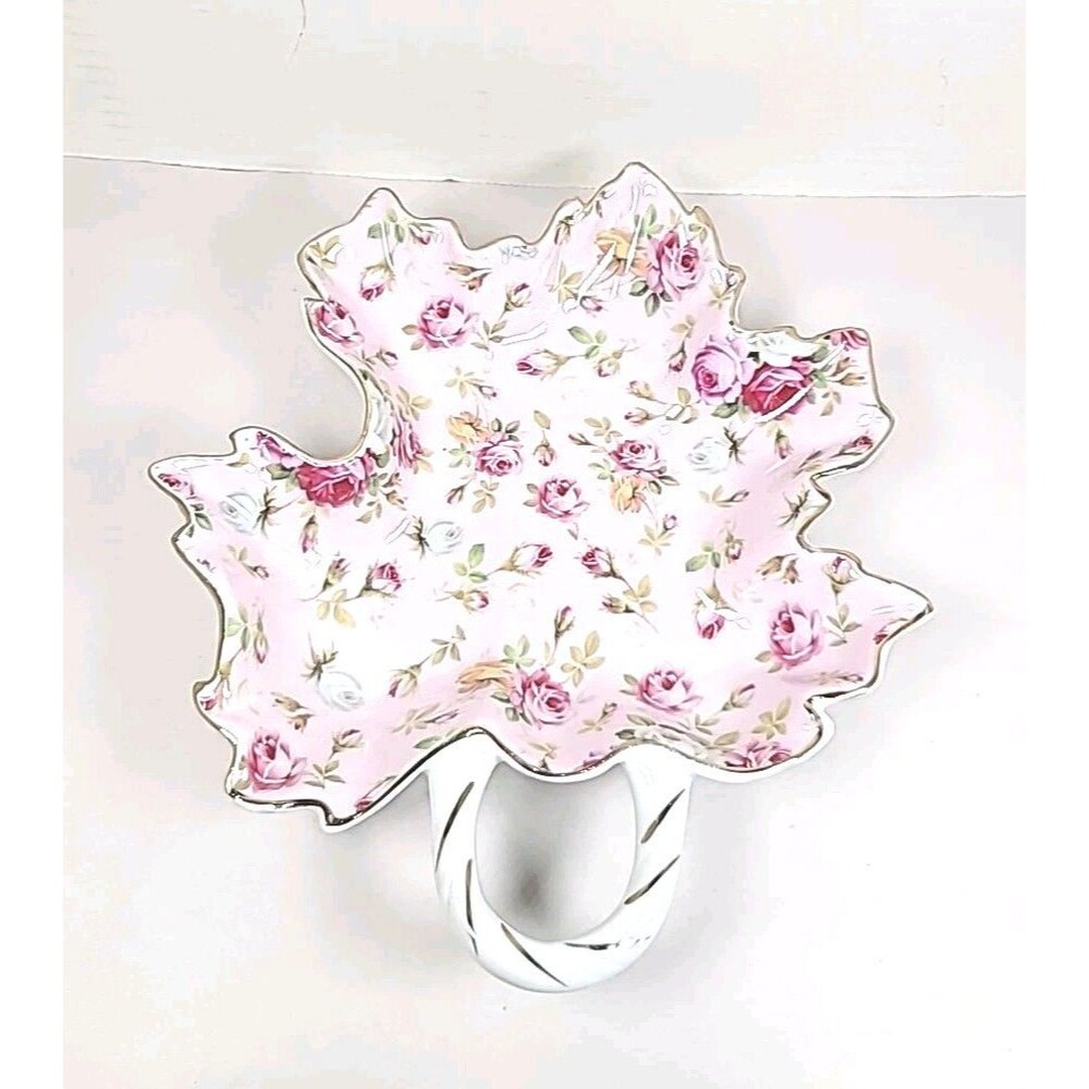 Royal Danube Pink Rose Chintz Leaf Shaped Dish with Handle